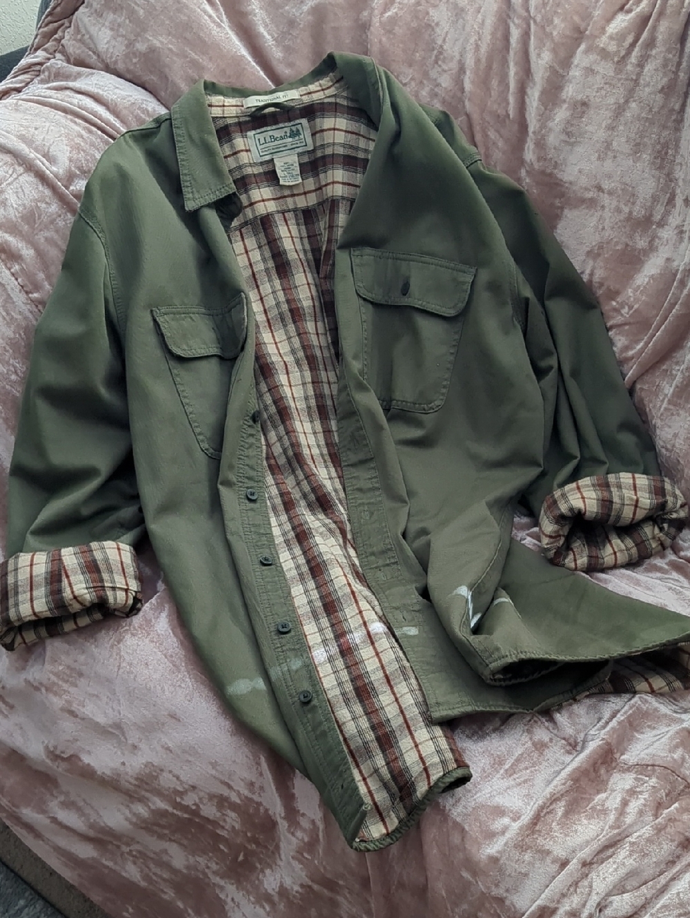 L.L. Bean Olive Green Lightweight Shirt Jacket with Plaid Lining